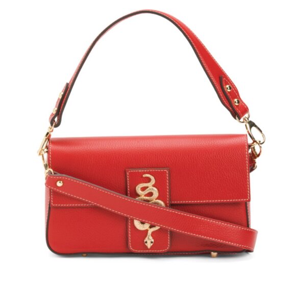 Divina Firenze Italy Red Leather Shoulder Crossbody Bag with Gold Snake Tab - Picture 1 of 16